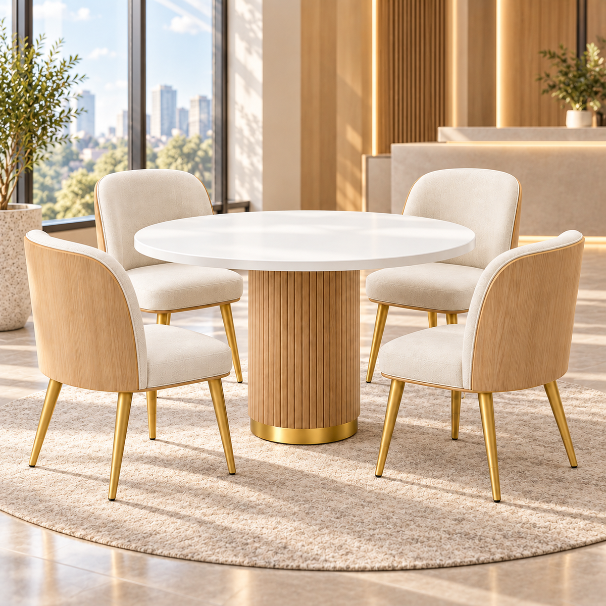 Modern Round Reception Table and 4 Chairs Set with Fluted Pedestal and Upholstered Seating