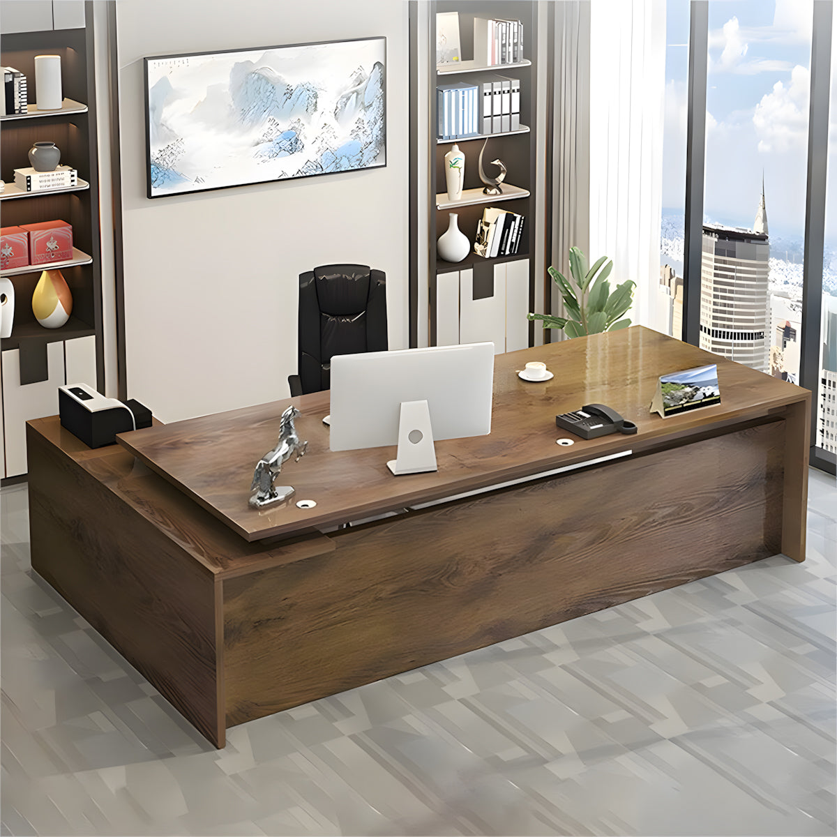 Modern Solid Wood Executive Desk with Storage Cabinet