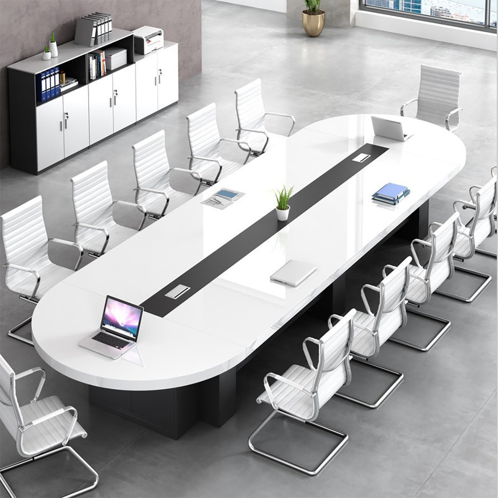 Minimalist Oval Conference Table with Side Storage Cabinet for Office