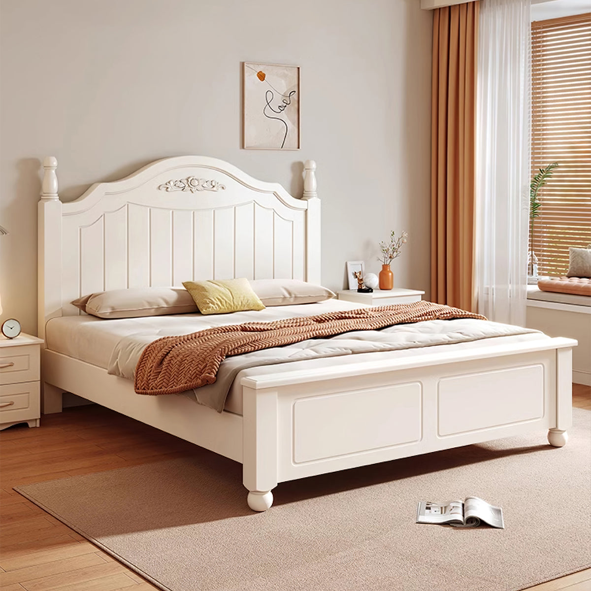 Vintage Solid Wood White Queen Bed with Adjustable Height Feature