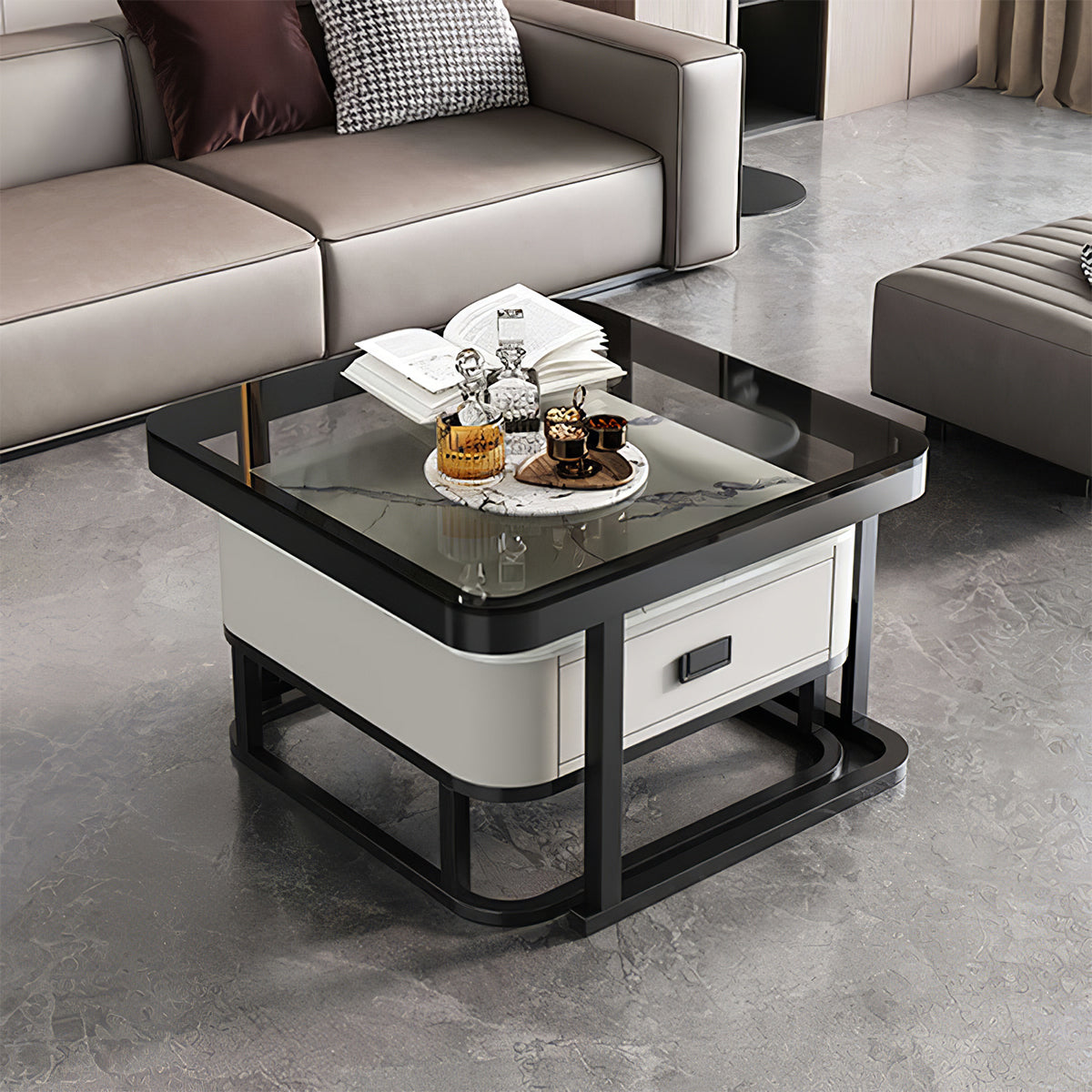 Square Coffee Table with Extendable, Sintered Stone & Marble Top for Living Room