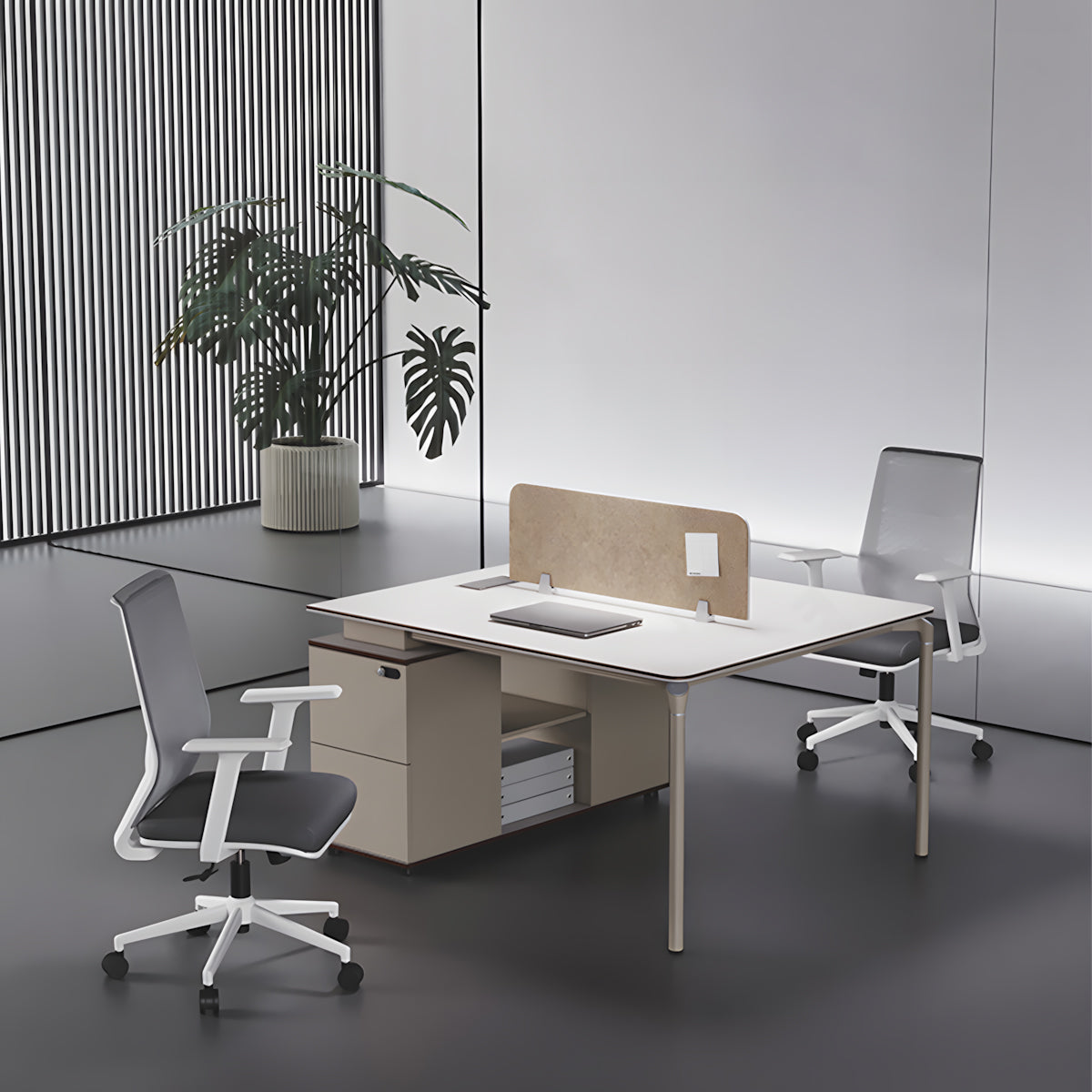 Modern Khaki Office Desk with Privacy Panel & Storage Drawer for Multi-Person Offices