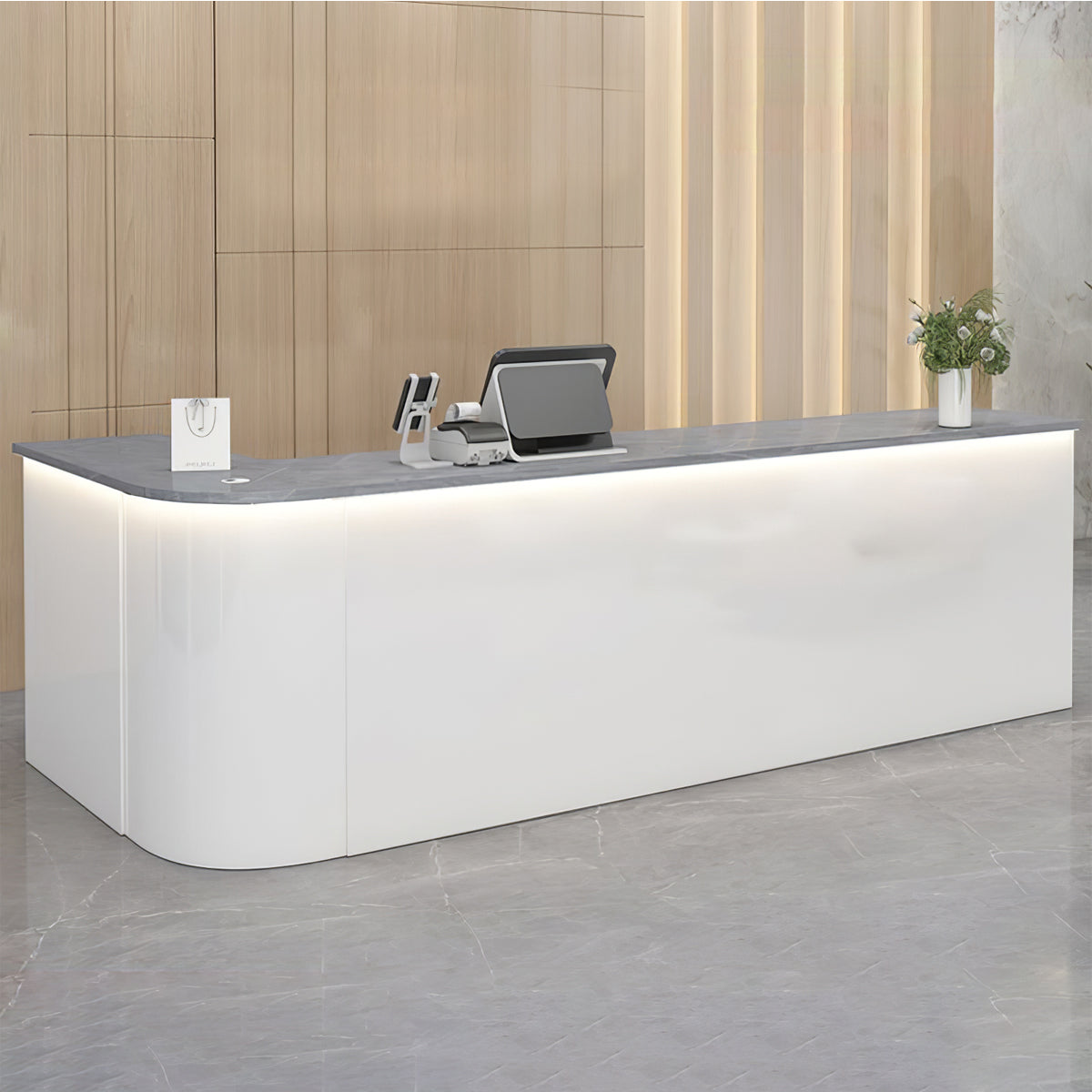 Minimalist L-Shaped Corner Reception Desk with Internal Storage Shelves