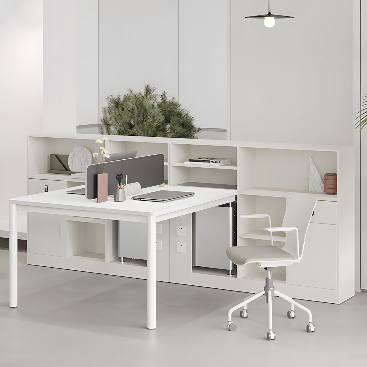 Modern White Office Workstation Desk with Side Storage for Employee Workspaces