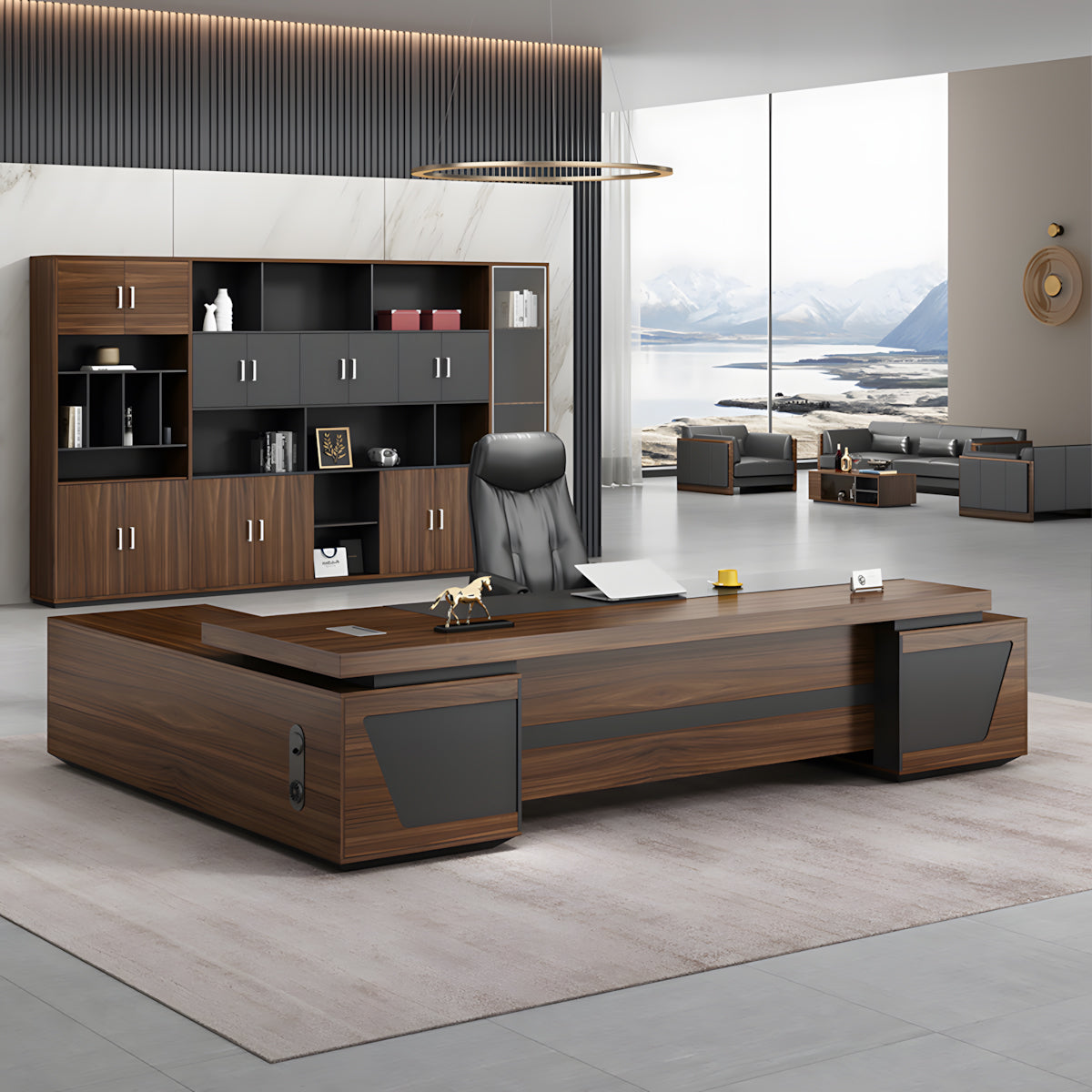 Modern L-Shaped Executive Desk with Drawers and Cabinet