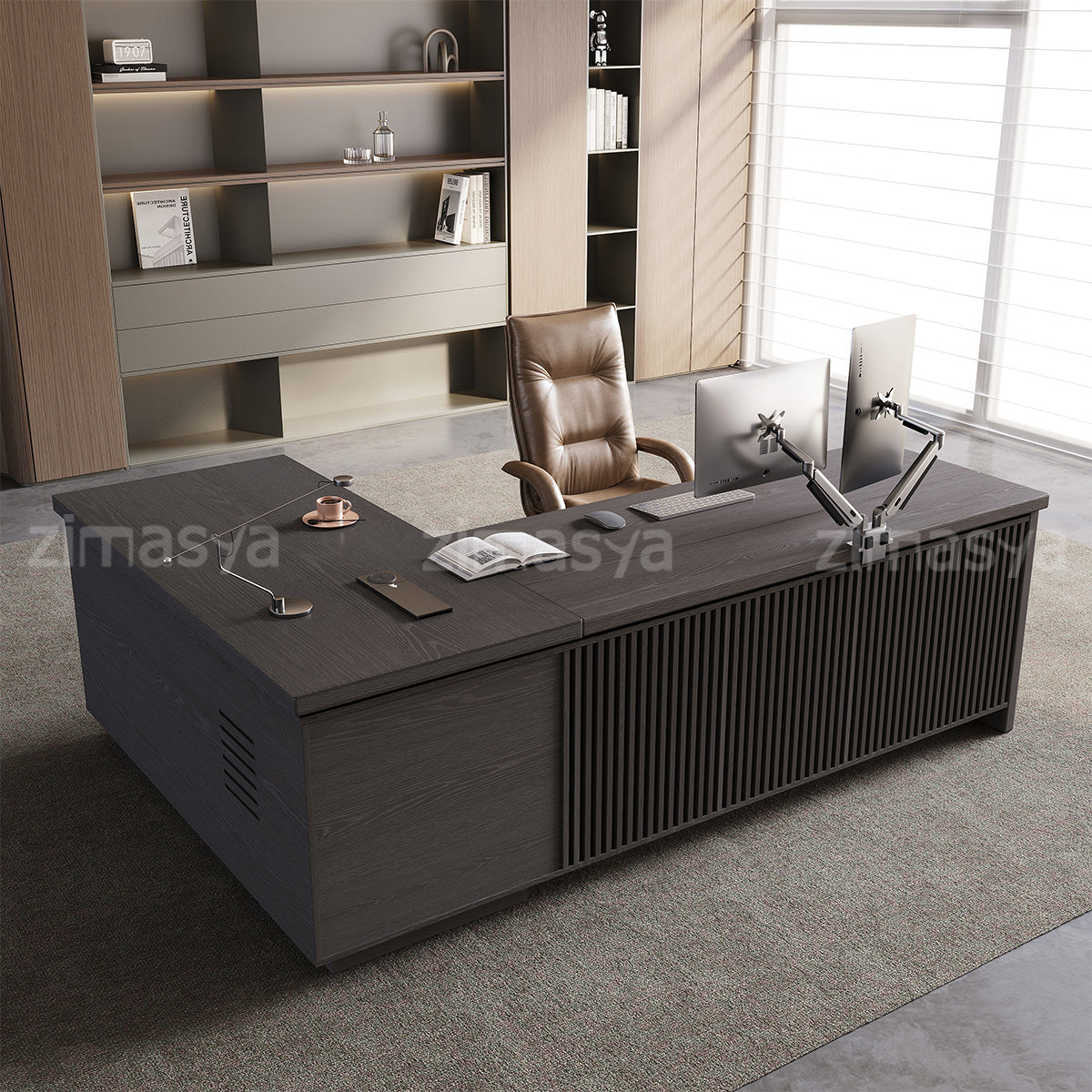 L-Shaped Executive Desk with Built-In Power, Side Storage & Slatted Modesty Panel