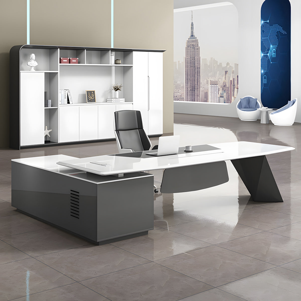 Luxury L-Shaped Lacquered Surface Executive Desk with Side Storage