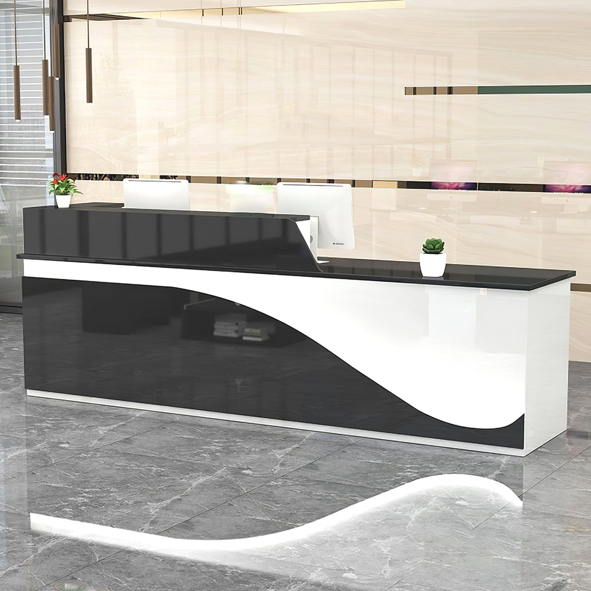 Modern Office Reception Desk with LED Lights and Keyboard Tray