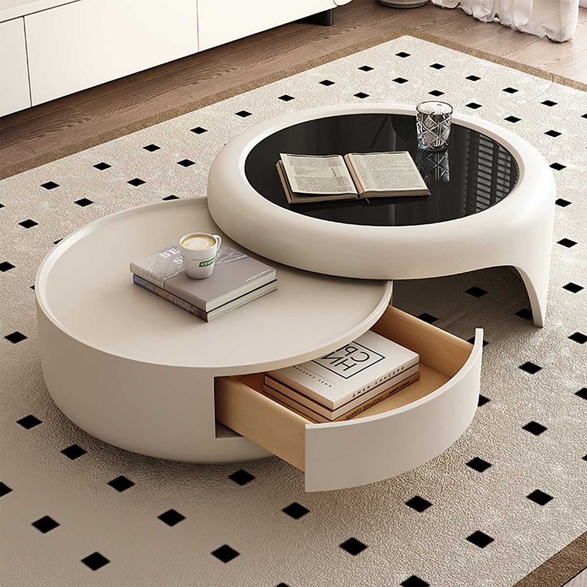 Round Coffee Table with Fire-Resistant & Solid Wood for Living Room
