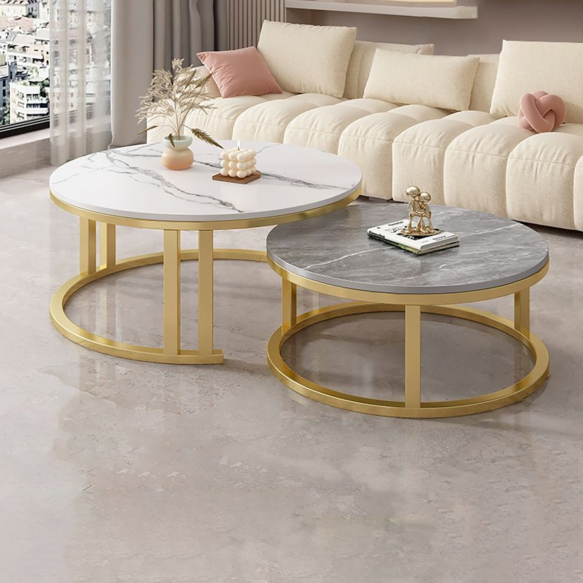 Round Coffee Table with Sintered Stone, Ample Storage & Steel Frame for Living Room