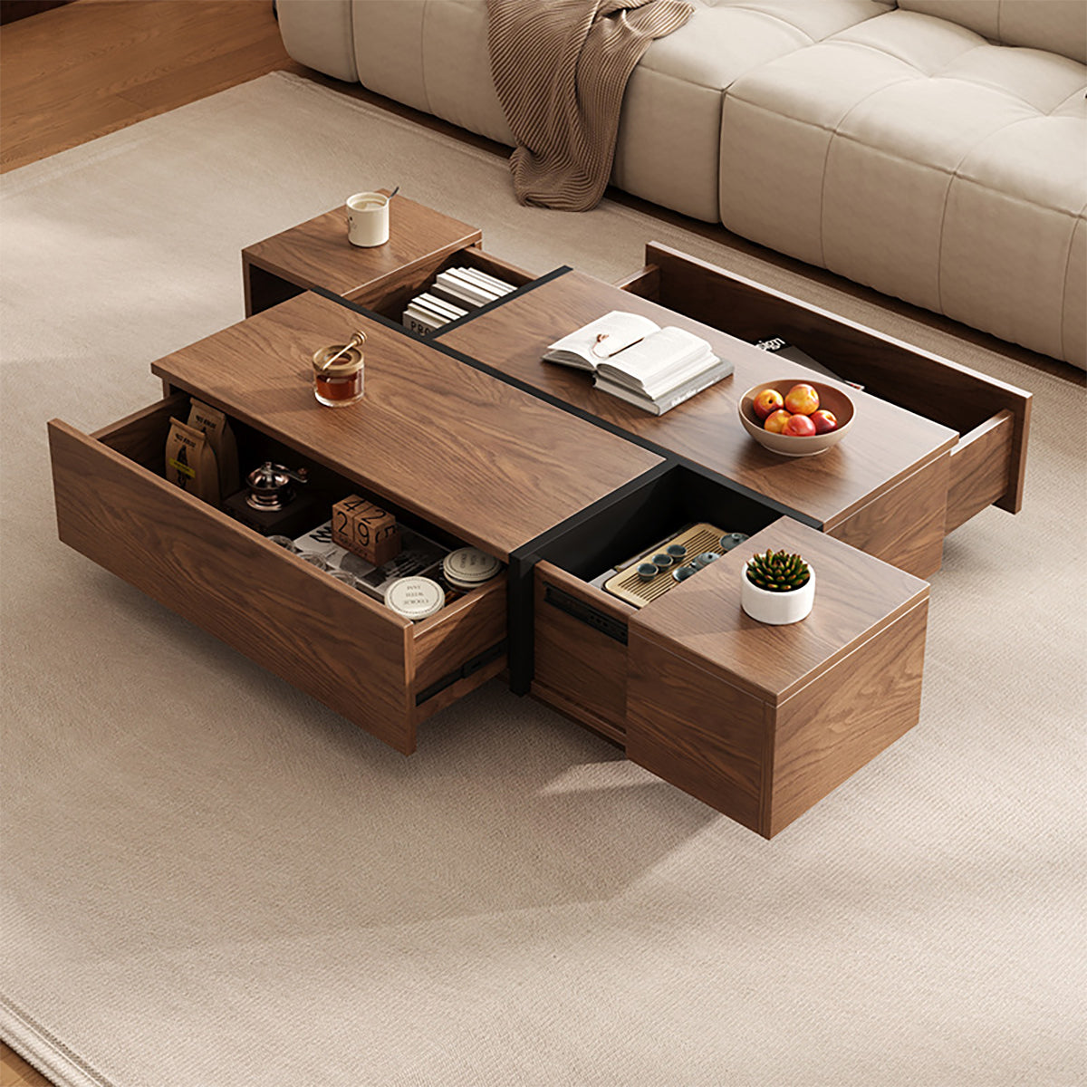 Modern Coffee Table with Rectangular, Walnut & Storage Drawers for Living Room