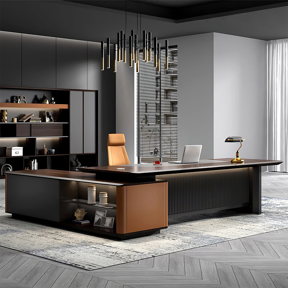 Luxury L-Shaped Executive Desk for Office with File Cabinet