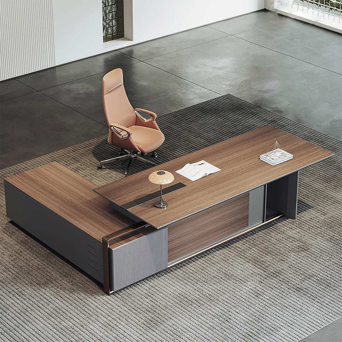 Vintage L-Shaped Executive Desk for Chairman with File Cabinet