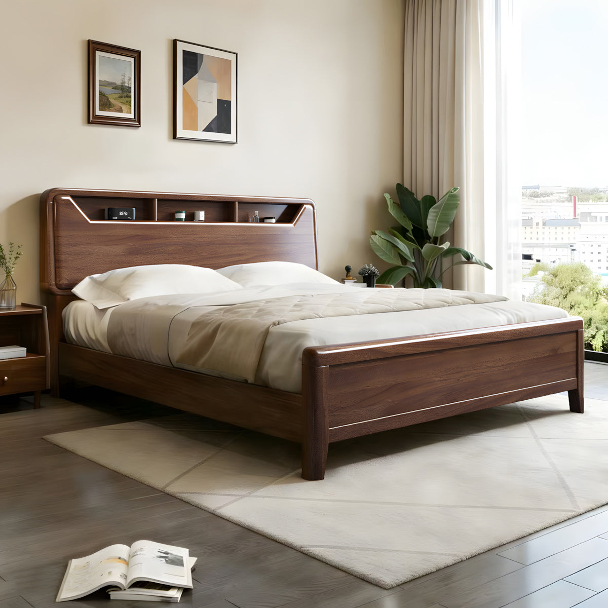 Modern Walnut Queen Bed with Storage Headboard Design for Bedroom
