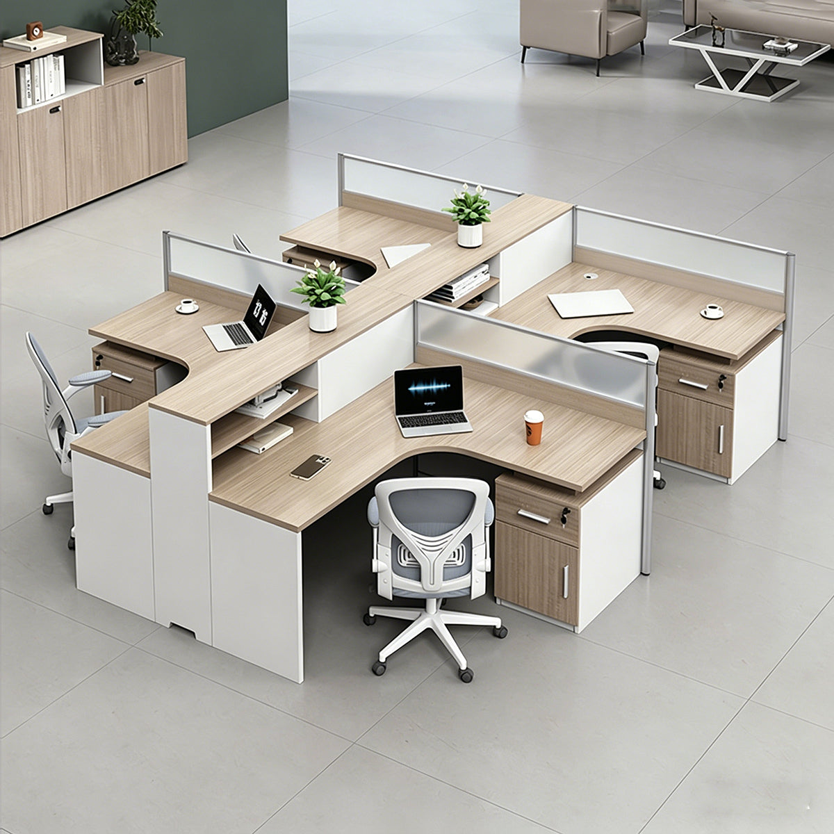 Modern L-Shaped Corner Employee Office Desk with Storage Cabinet