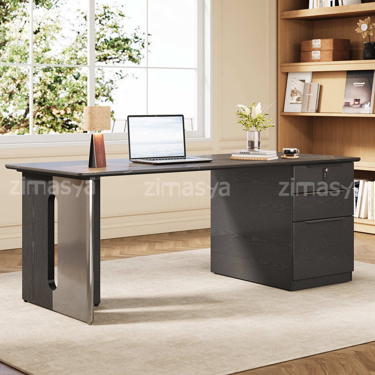 Modern Black Office Desk with with 3-Drawer Storage Cabinet for Home & Office