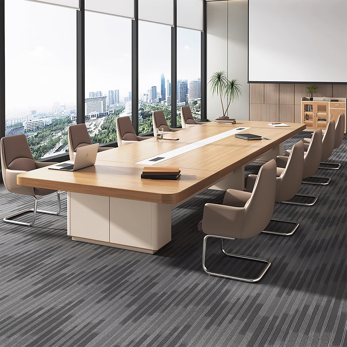 Modern Rectangular Conference Table for Office with Side Storage Cabinet