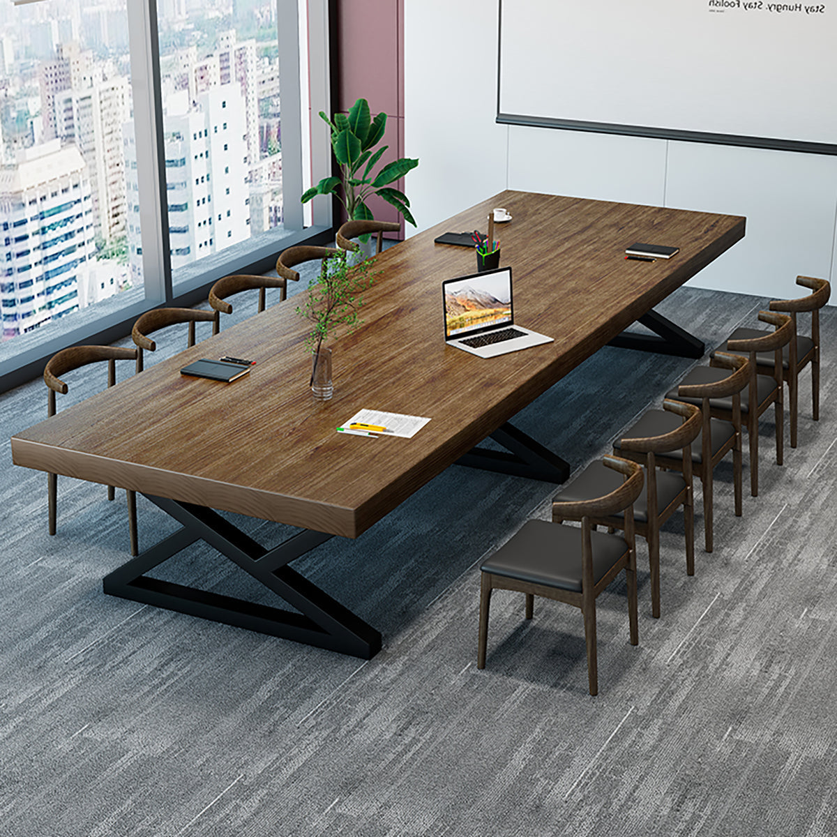 Rustic Solid Wood Conference Table with Metal Frame for Office Meeting