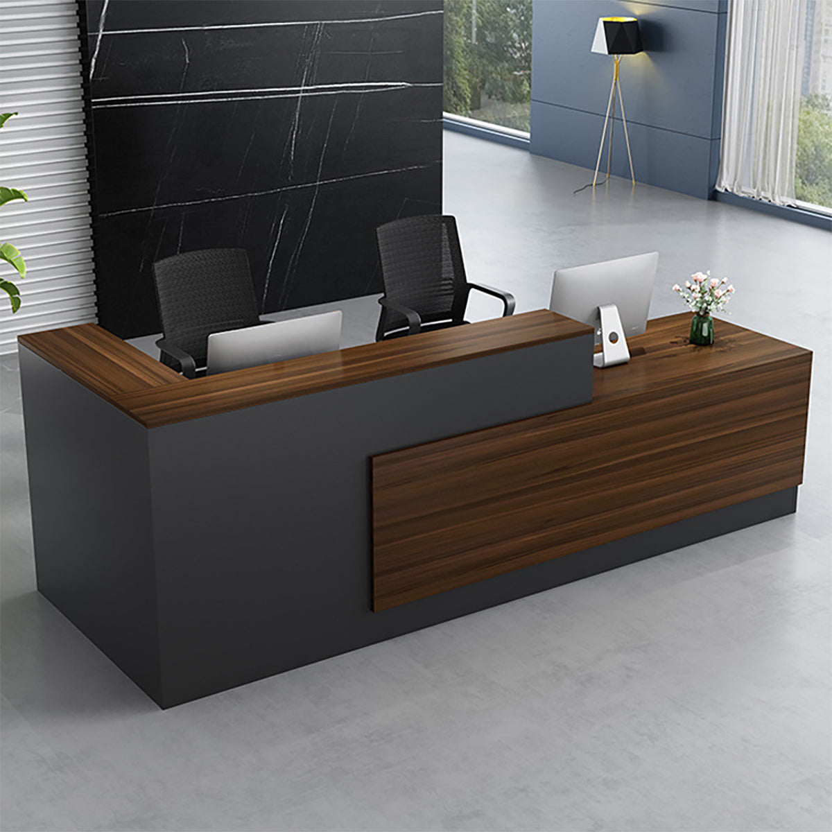 Modern L-Shaped Reception Desk with Side Storage Shelves for Office Front Counter
