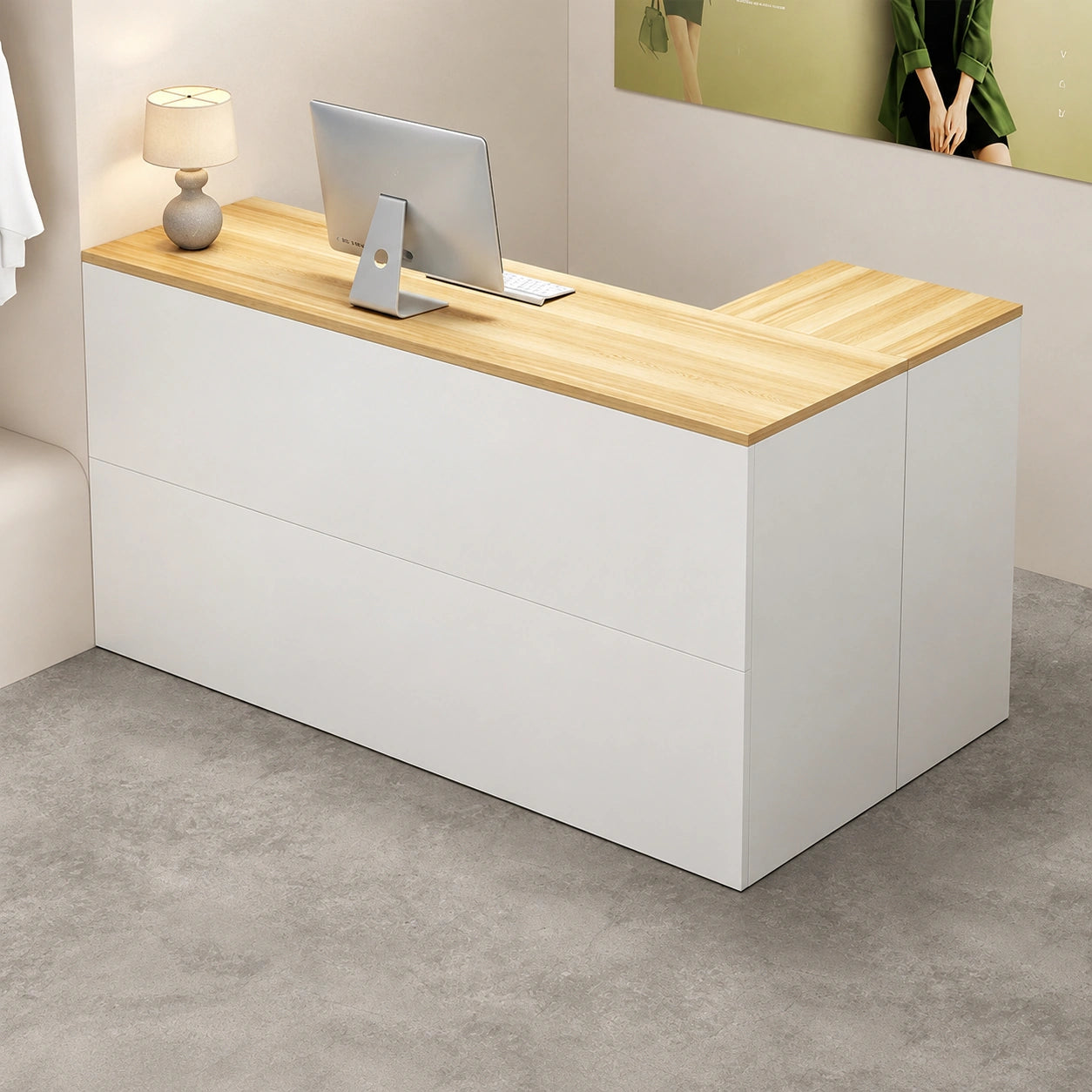 L-Shaped Reception Desk with Spacious Return, Side Cabinet and Lockable Drawer