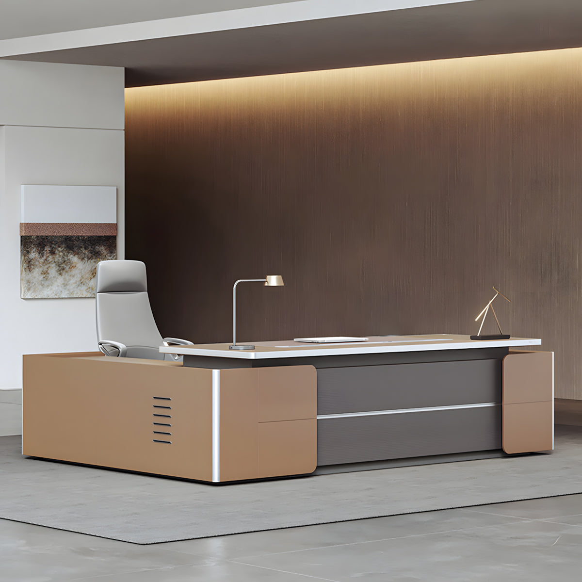 Luxury Brown L-Shaped Executive Manager Desk with Drawers
