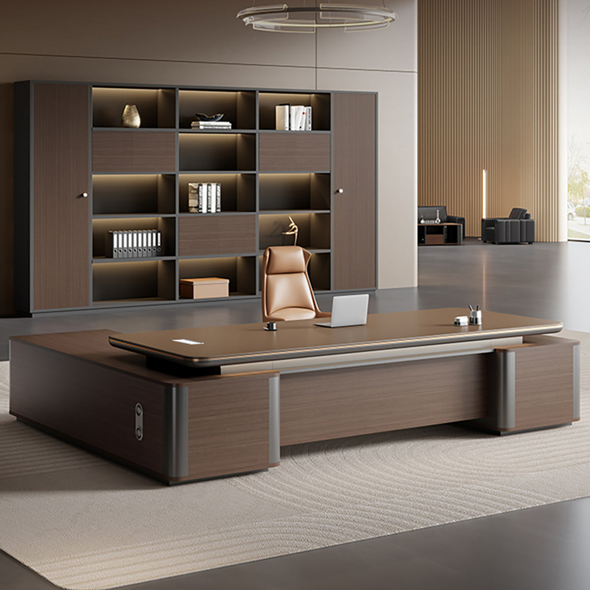 Modern Brown Executive Desk with Side Storage Cabinet for Office