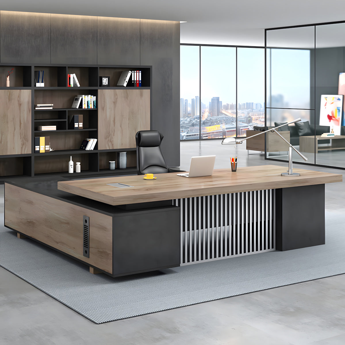 Industrial L-Shaped Executive Office Desk with Storage Cabinet for Manager Workstation