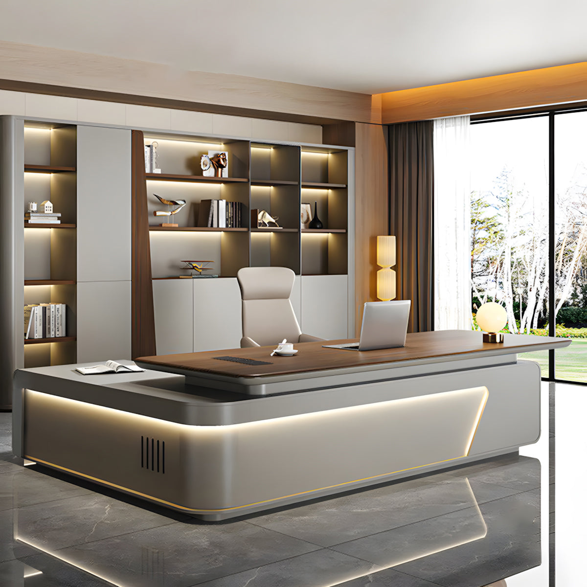 Luxury L-Shaped Executive Desk with Storage Cabinet for Boss or Home Office