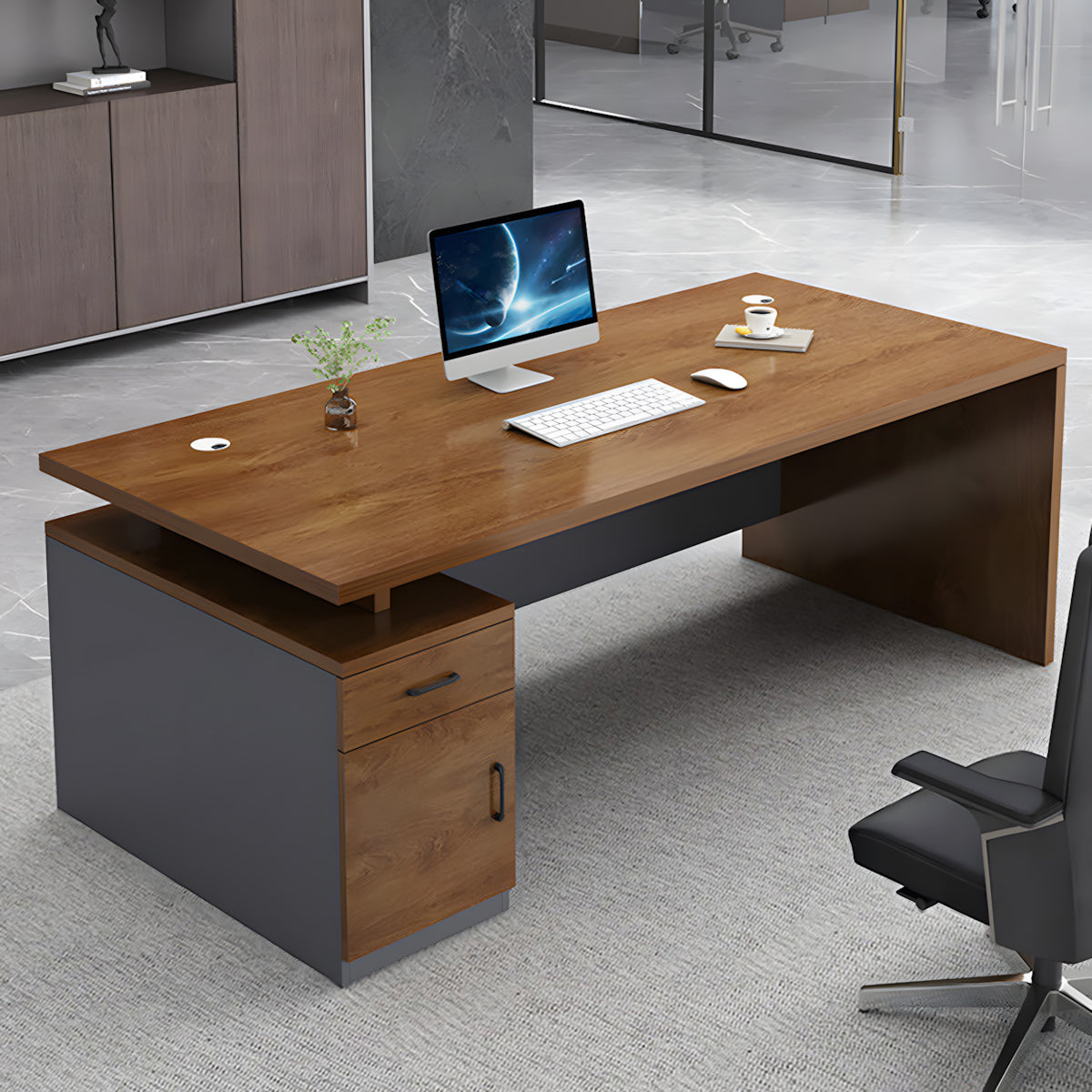Modern Minimalist Executive Desk with Drawer and Side Cabinet for Office or Home