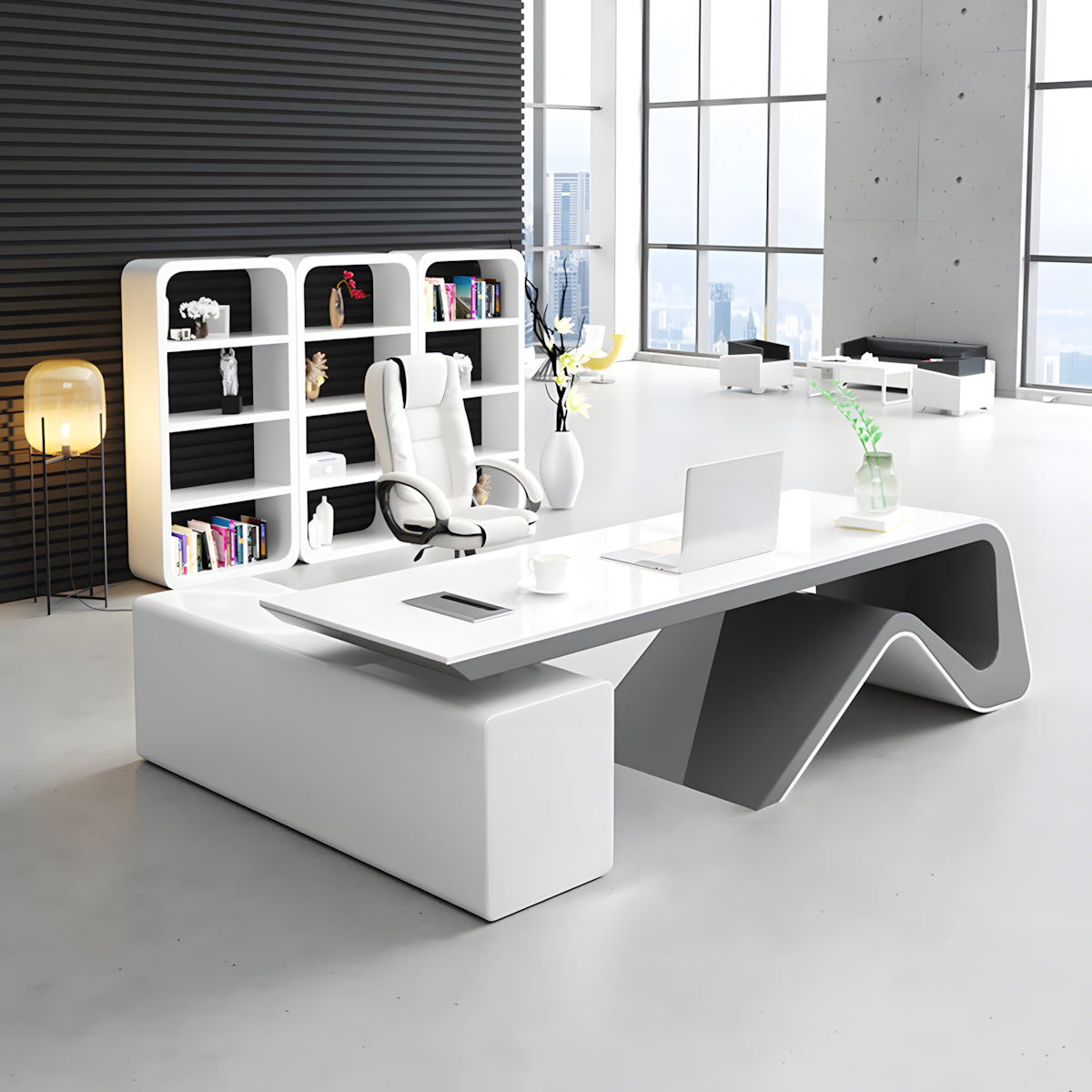 Modern L-Shaped White Executive Office Desk with Wire Management Box for Office