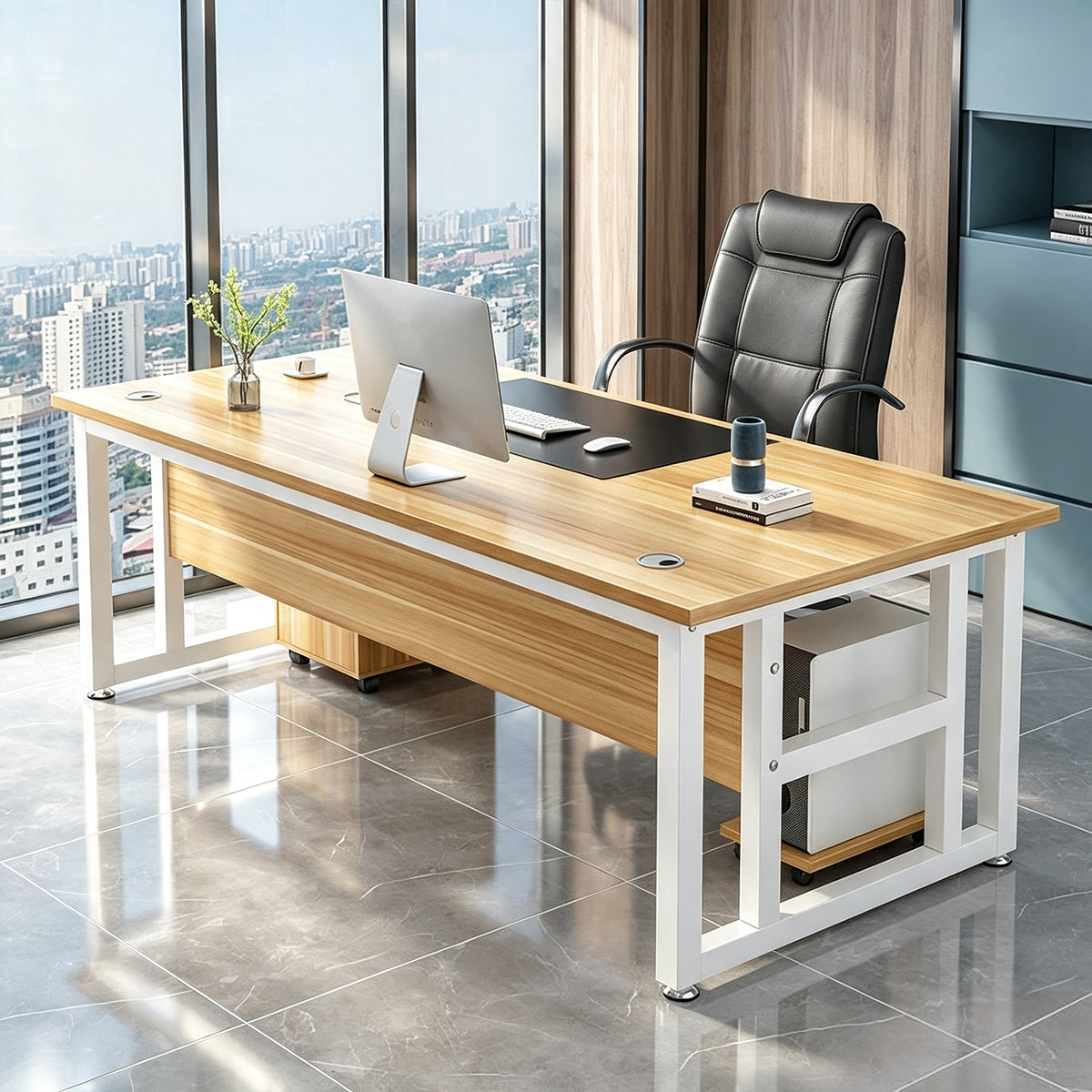 Executive Desk with Mobile Locking Cabinet, Wide Desktop and Steel Frame