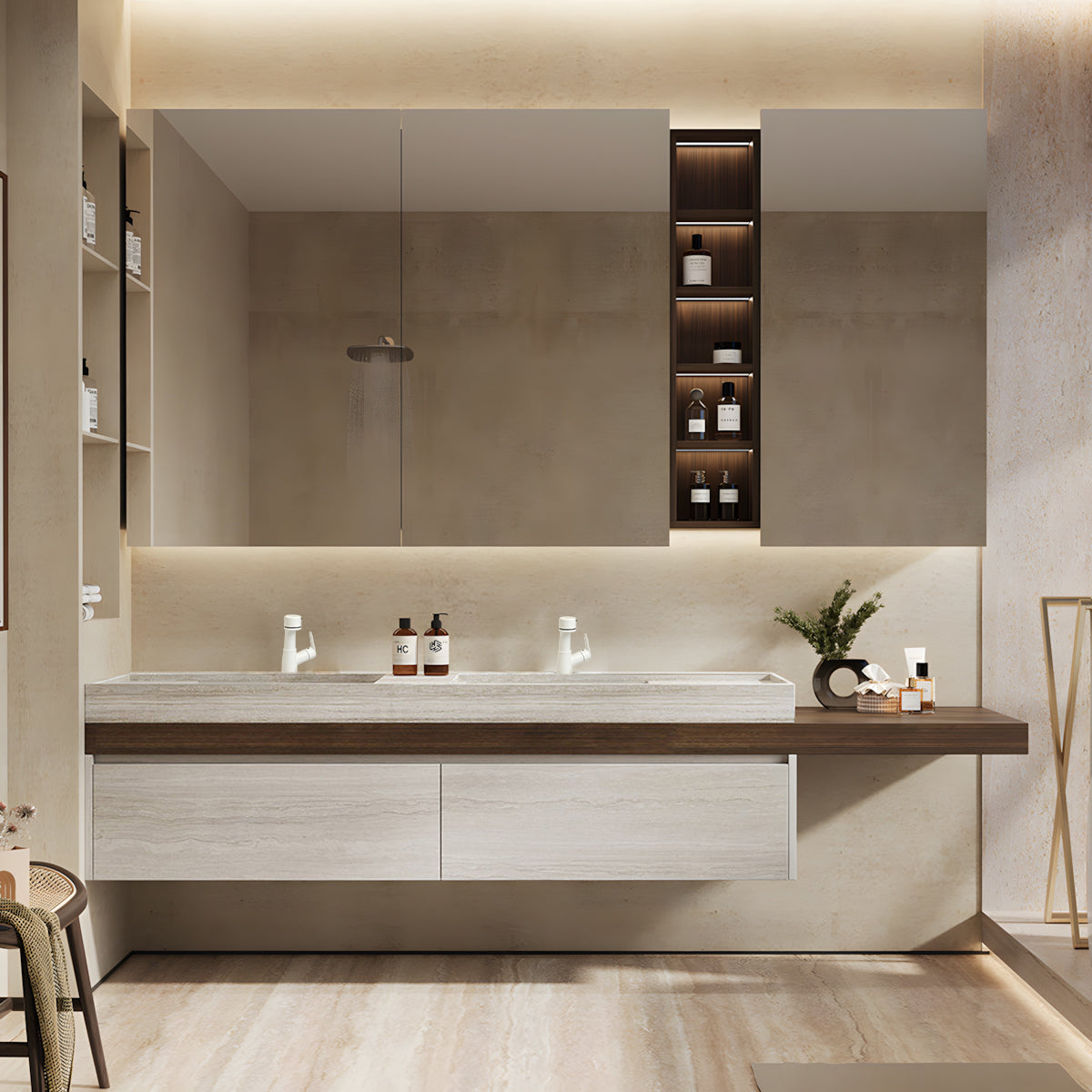 Bathroom Vanity 71–87 in Wide with Makeup, Sintered Stone & Solid Wood for Bathroom