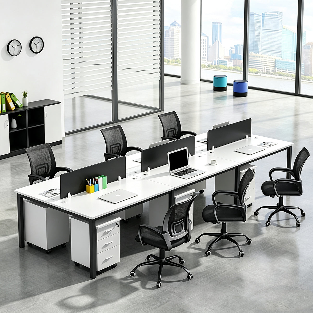 Modern 2–6 Person Office Workstation Desk with Privacy Panels, Reinforced Thick Desktop & 3-tier Storage Cabinets for Team Workspaces