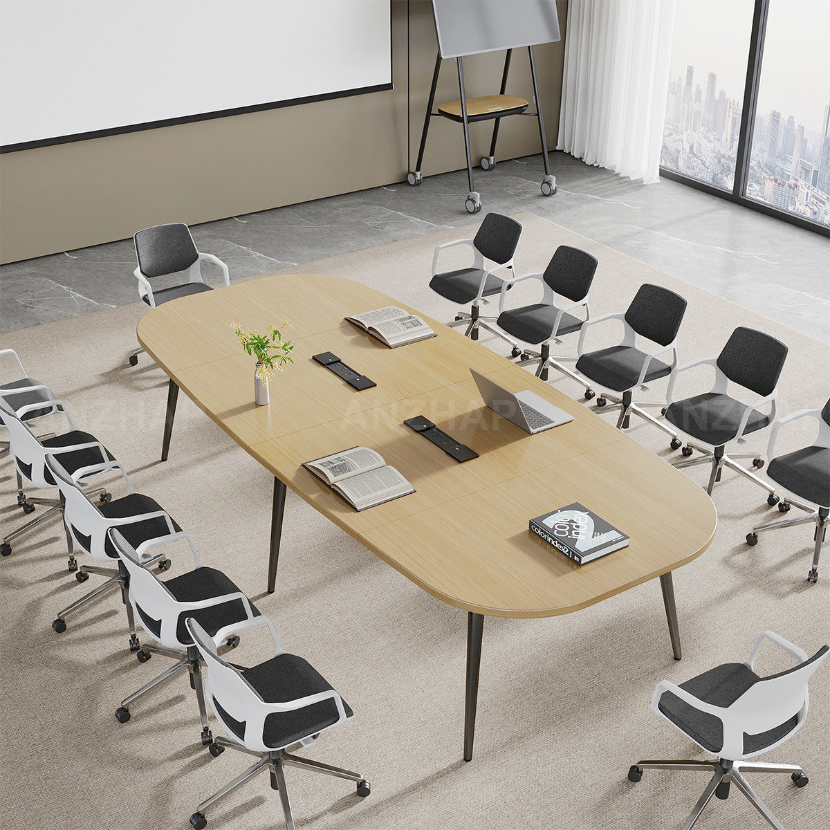 Spacious Conference Table with Built-In Power Outlet, Sectional Top and Rounded Edges