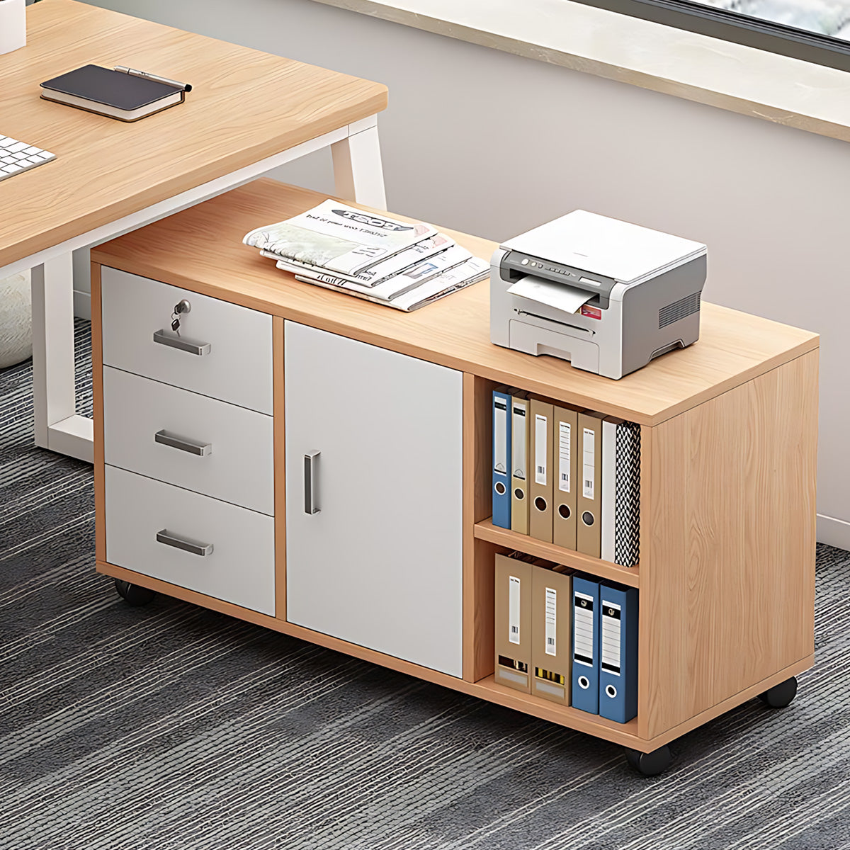 Mobile Office Storage Cabinet with Three Drawers, Lockable Storage & Caster Wheels for Flexible Organization