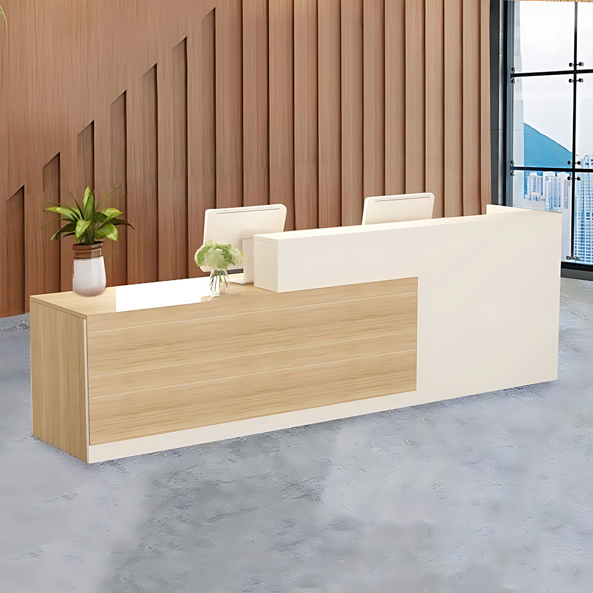 Compact Modern Reception Desk with Dual-level Countertop, Silent Keyboard Tray & Large Storage Space for Small Businesses, Retail Stores and Commercial Spaces