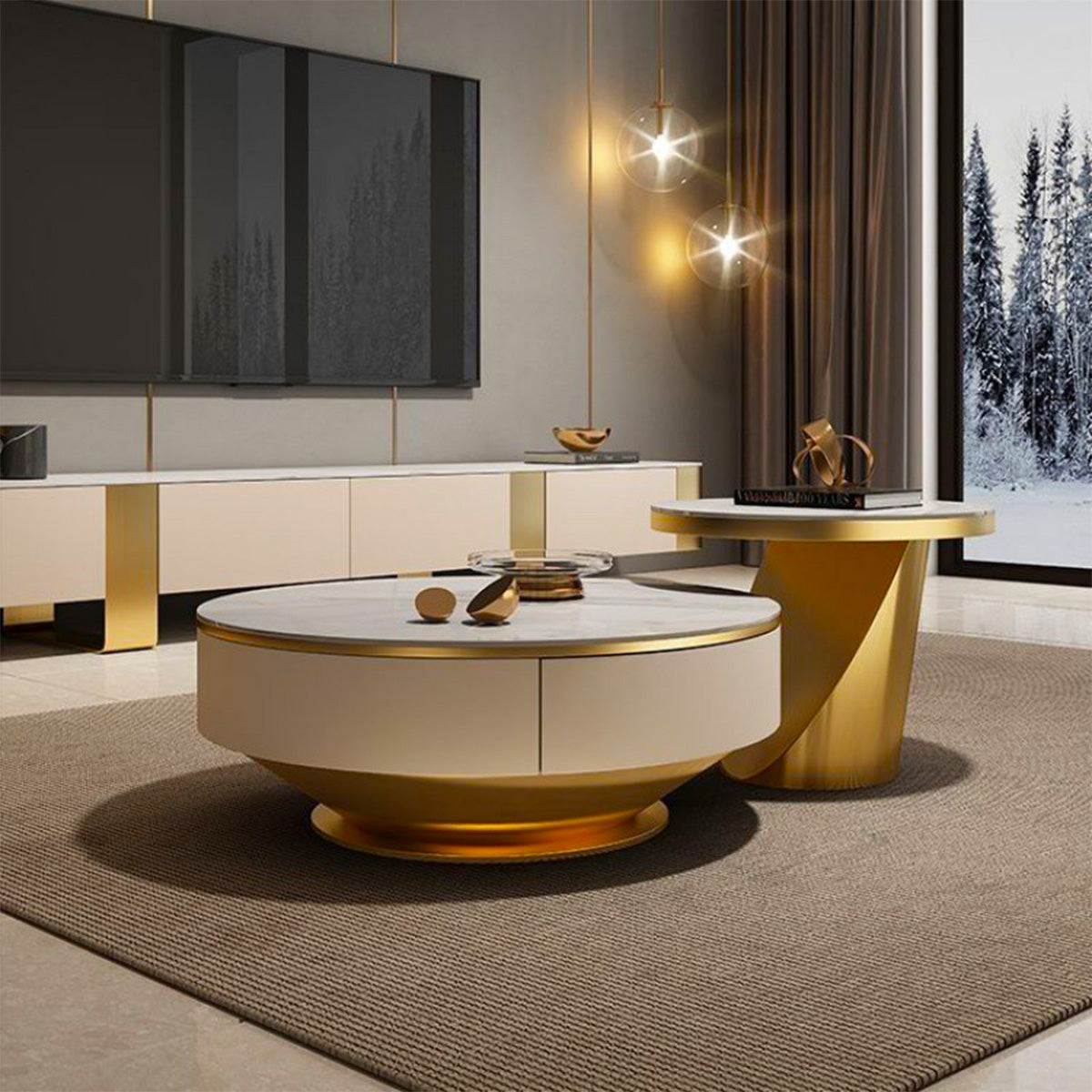 Modern Coffee Table with Sintered Stone, Solid Wood & Stainless Steel for Living Room