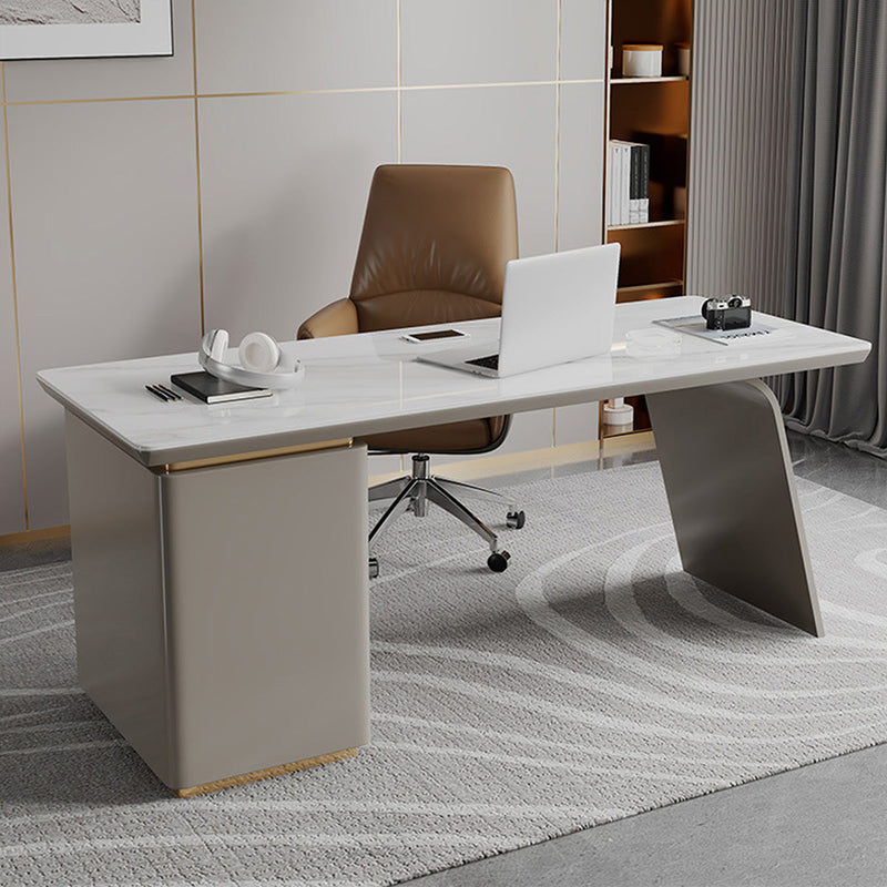 Modern office desk front view with sintered stone top and solid wood frame