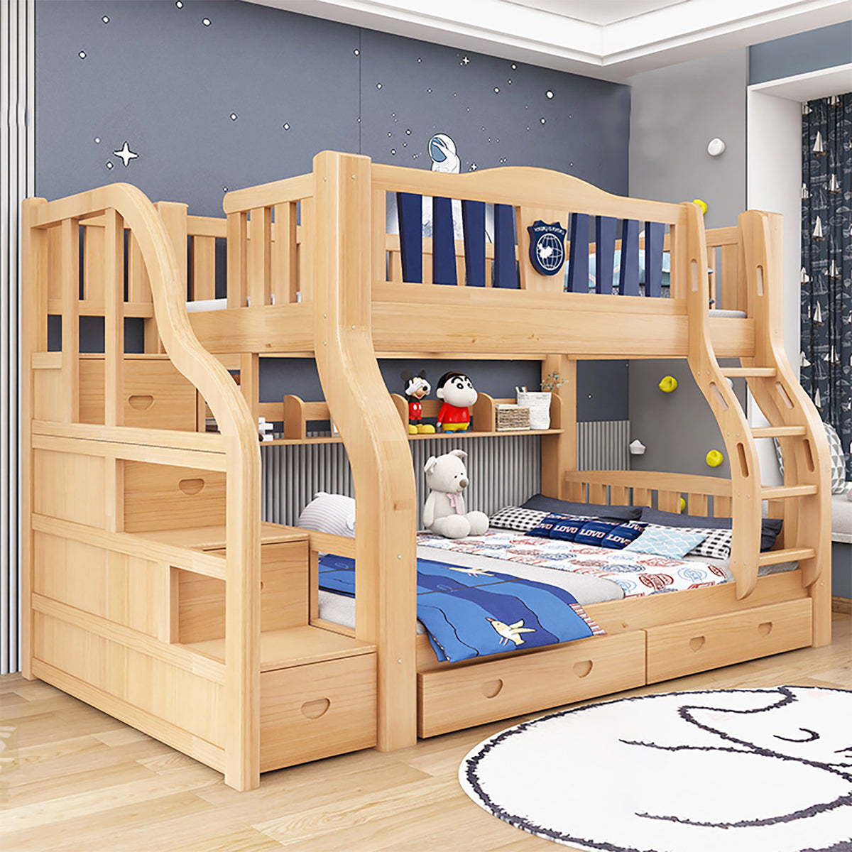 Solid Wood Kids' Natural Color Bunk Bed with Built-in Bookshelf