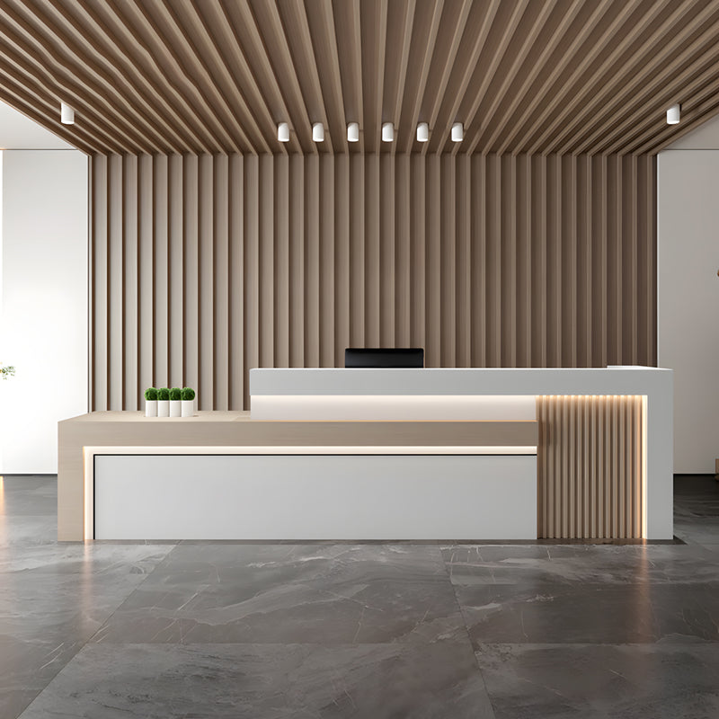 Modern reception desk front view with marble veneer top and lockable drawer