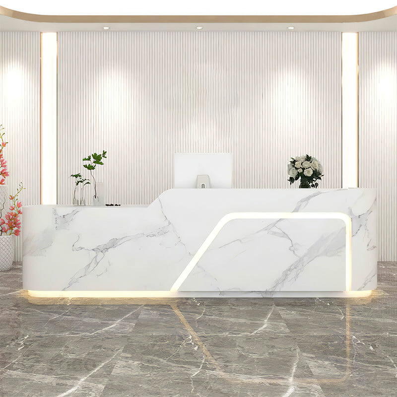 Modern reception desk front view with solid wood frame and lockable drawer