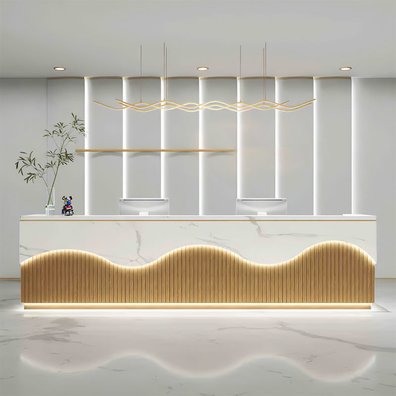 Curved reception desk front view with marble veneer top