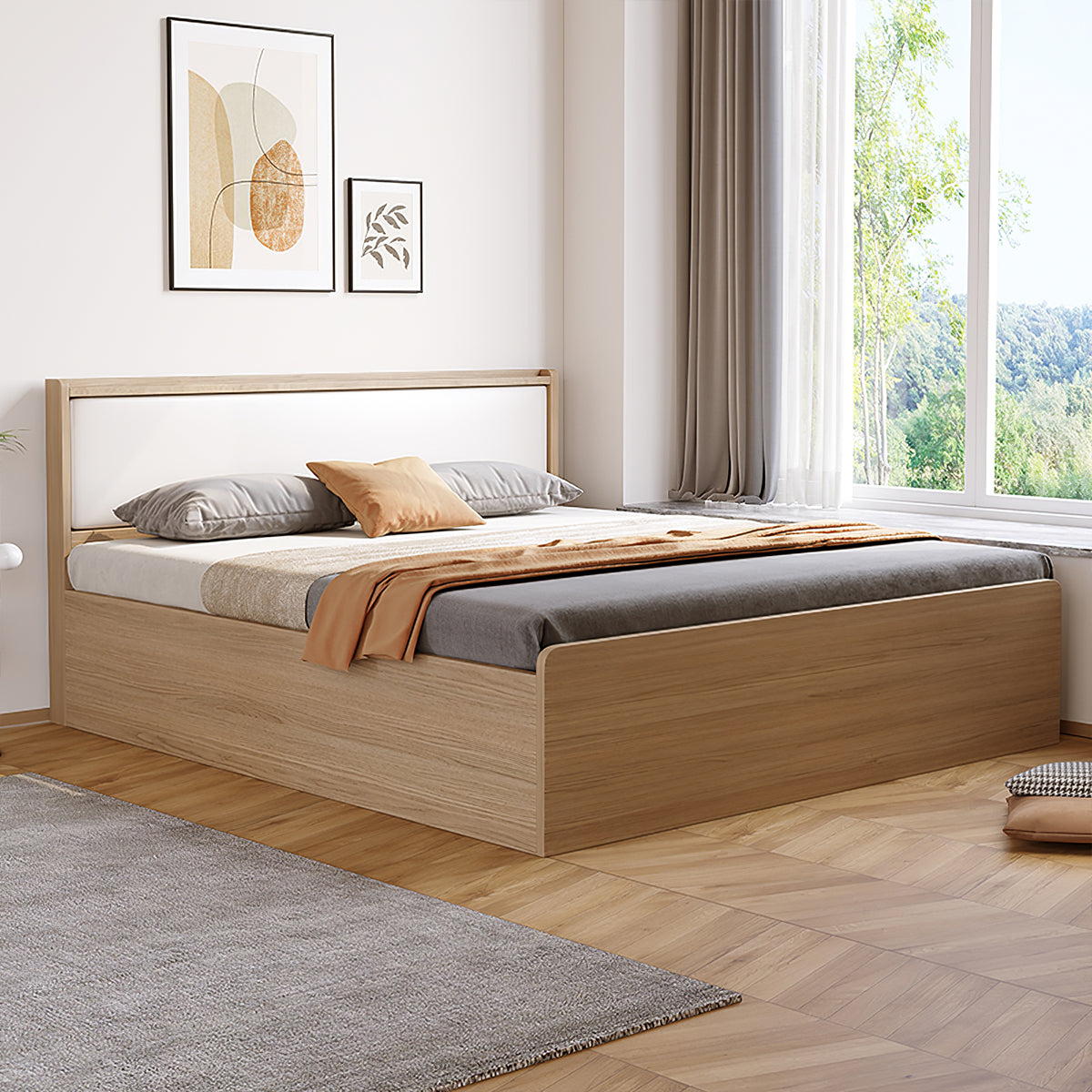 Modern Walnut Solid Wood Particle Board Base Material Queen Bed with Storage Features