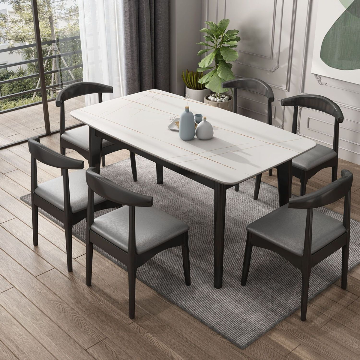 Modern Office Desk with Rectangular, Sintered Stone & Solid Wood for Home Office