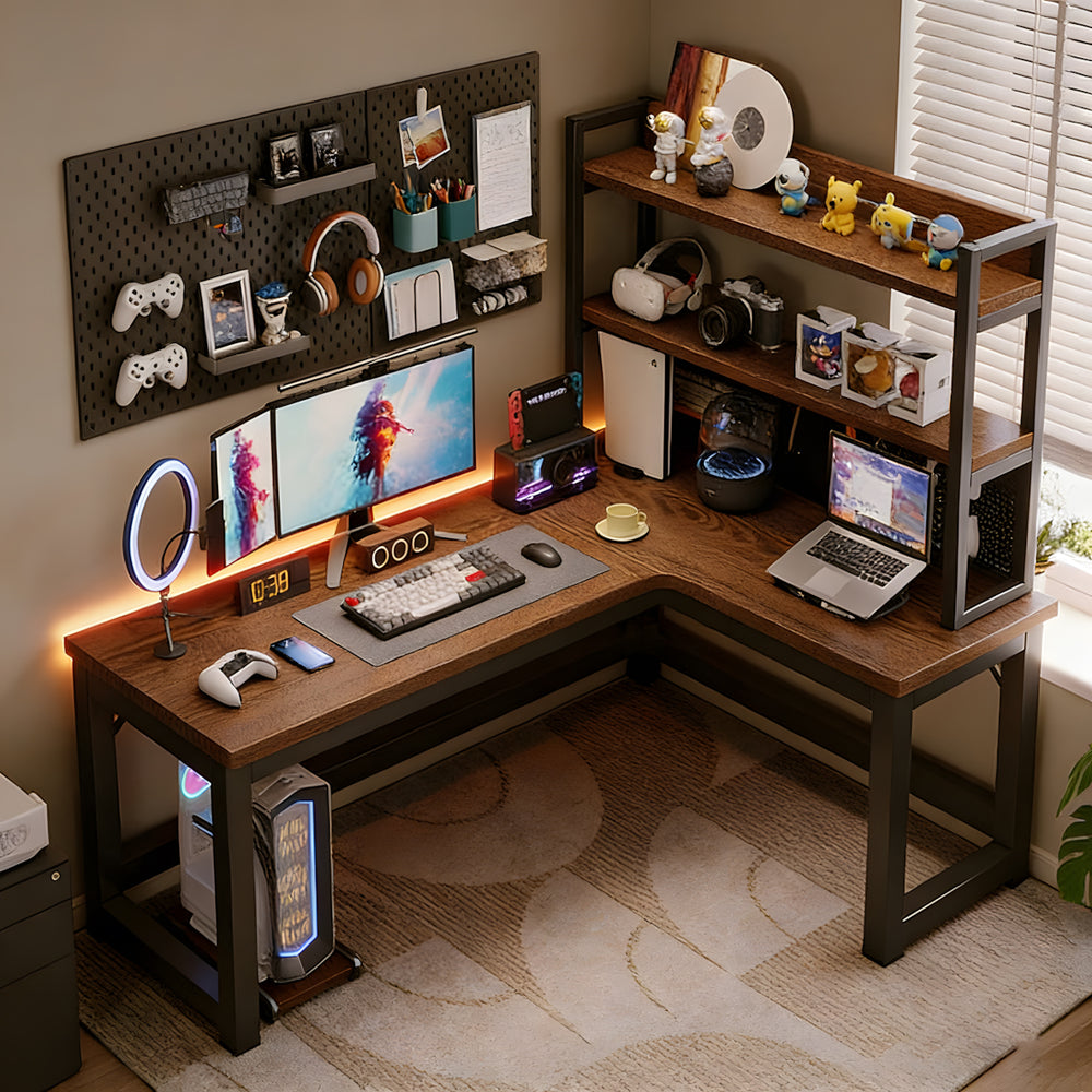 L-Shaped Integrated Corner Home Computer Desk with Storage Rack （Stock Items）