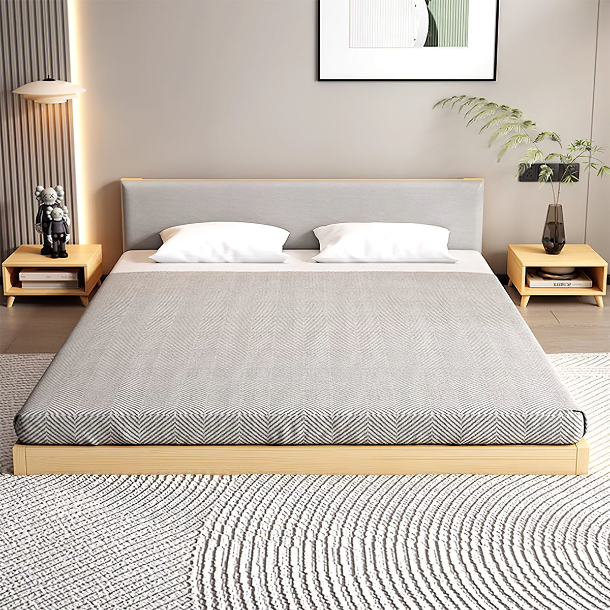 Modern Wooden Double Tatami Low Bed with Headboard