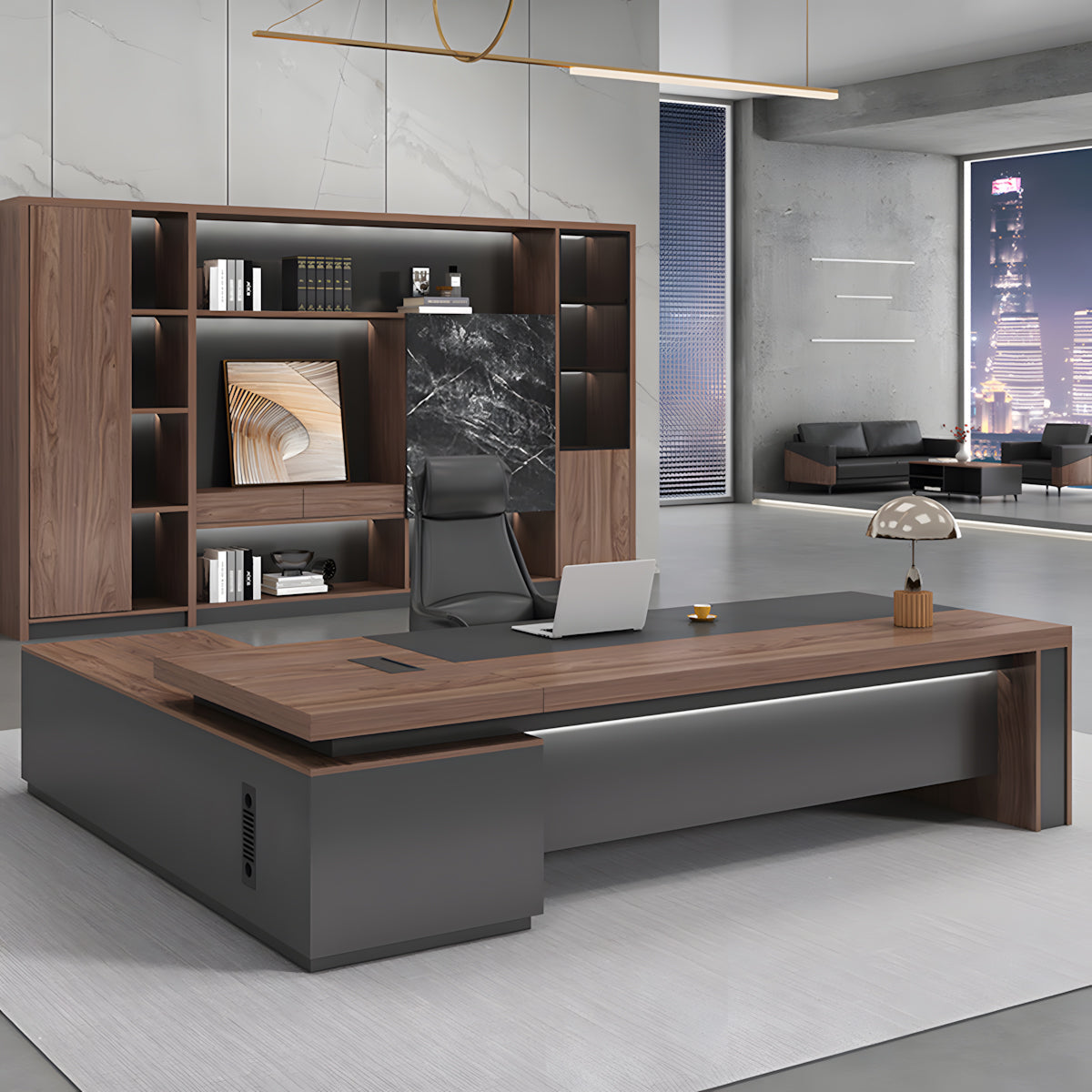 Modern L-Shaped Executive Desk for Office with LED Lighting