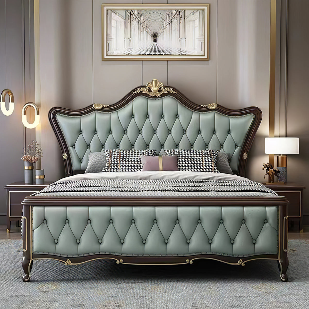 Vintage Solid Wood Queen Bed with Upholstered Headboard