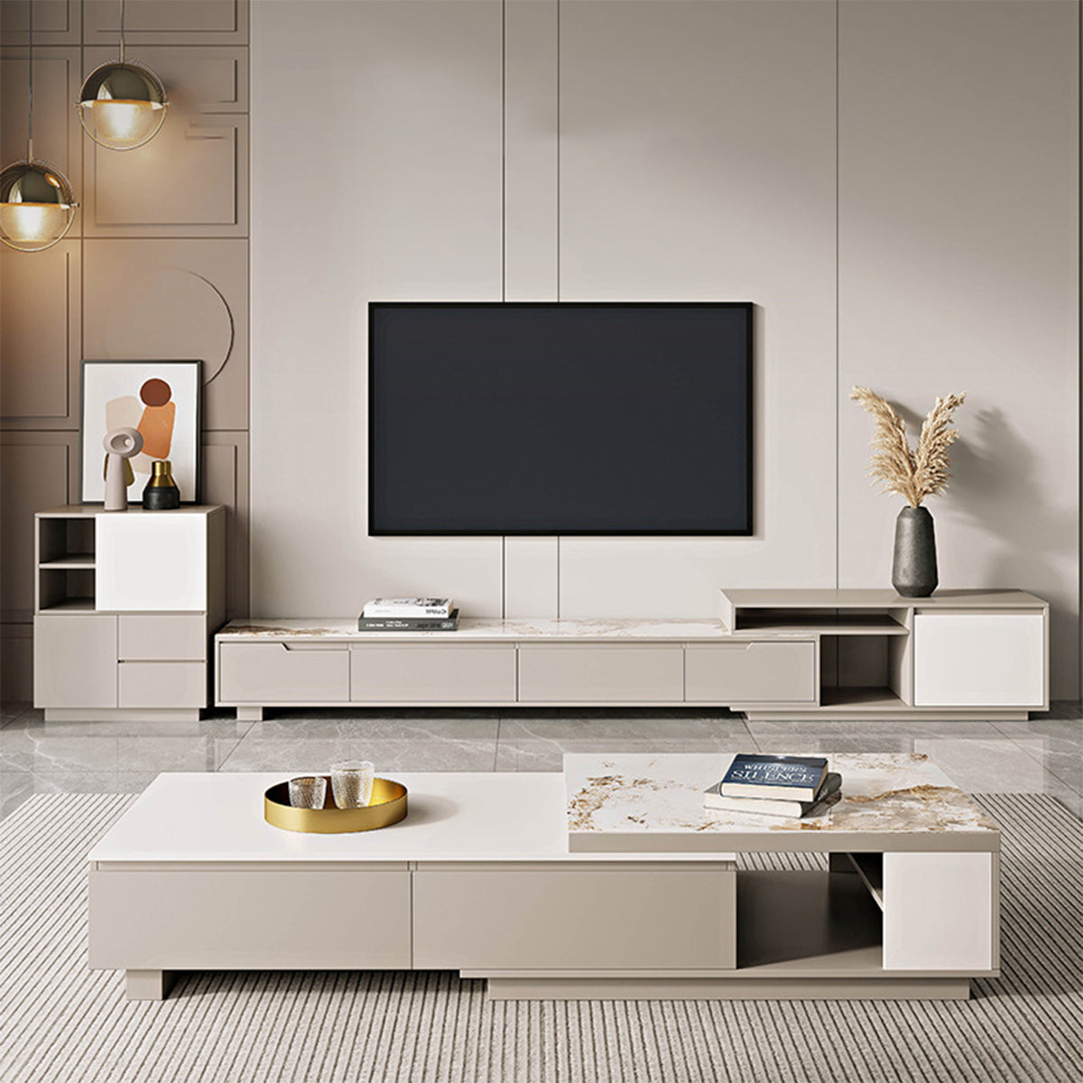 Modern TV Stand with Sintered Stone, Extendable & Gaming for Living Room