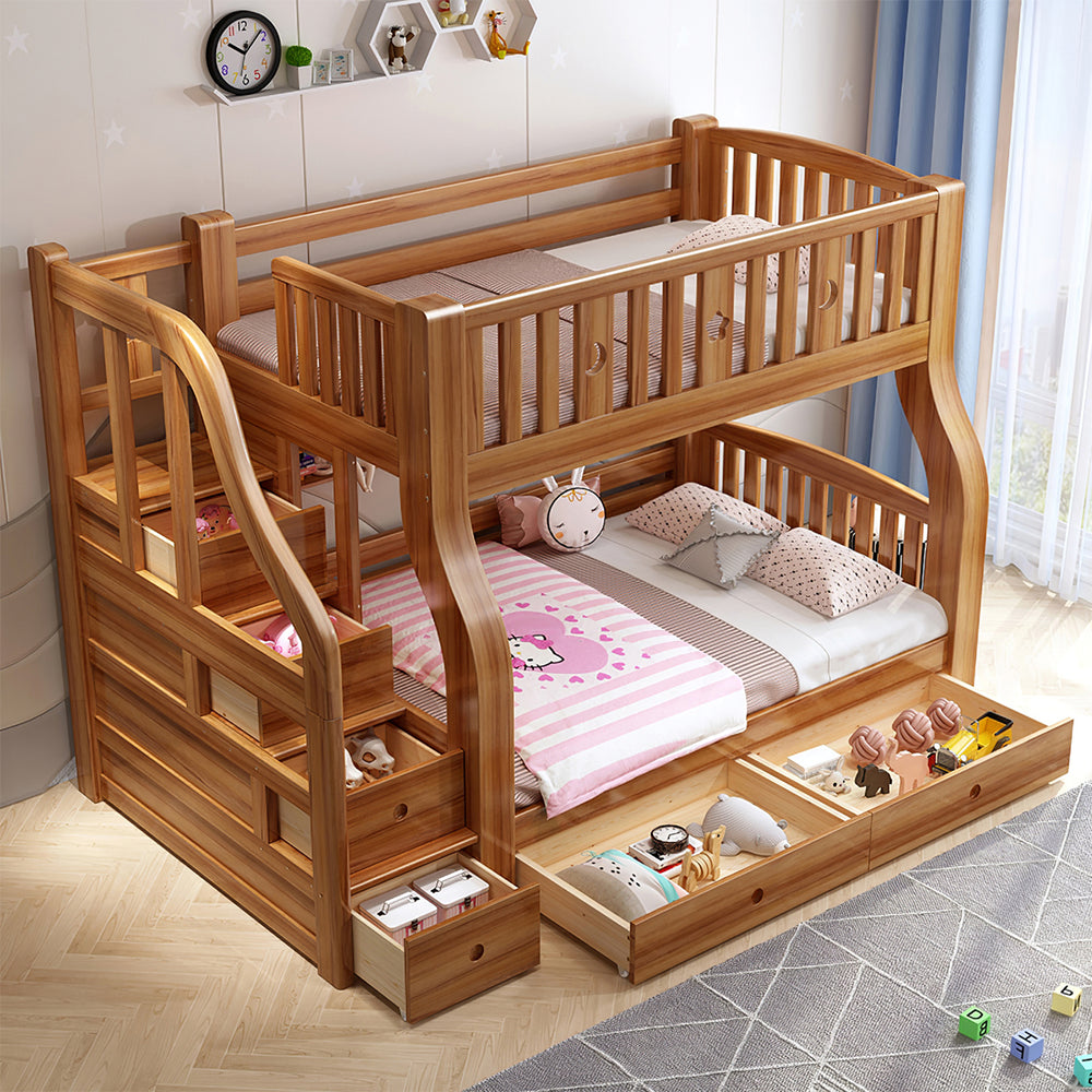Walnut Kids' Double-Decker Bunk Bed With Storage Drawers